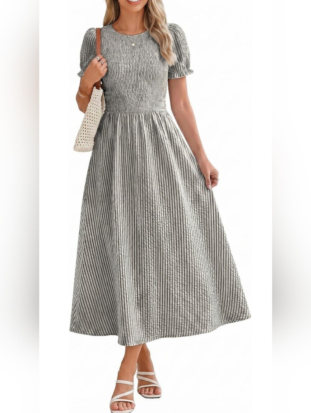 NWT Striped Smocked Puff Sleeve Midi Dress Cottagecore Boho Prairie Dress Size L
